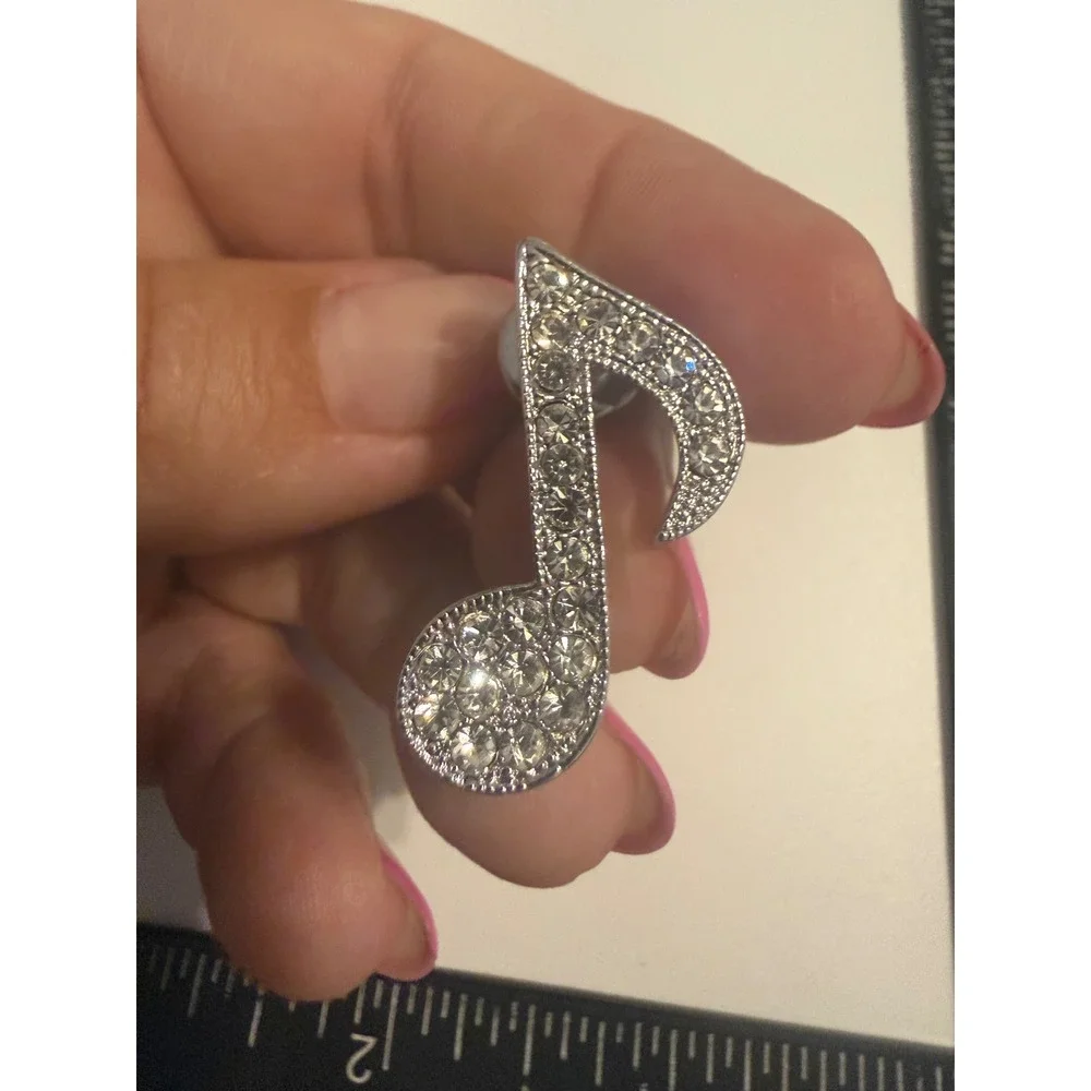 Silver Tone Rhinestone Musical Eighth Note Pin Brooch Clear Pave Crystal Music